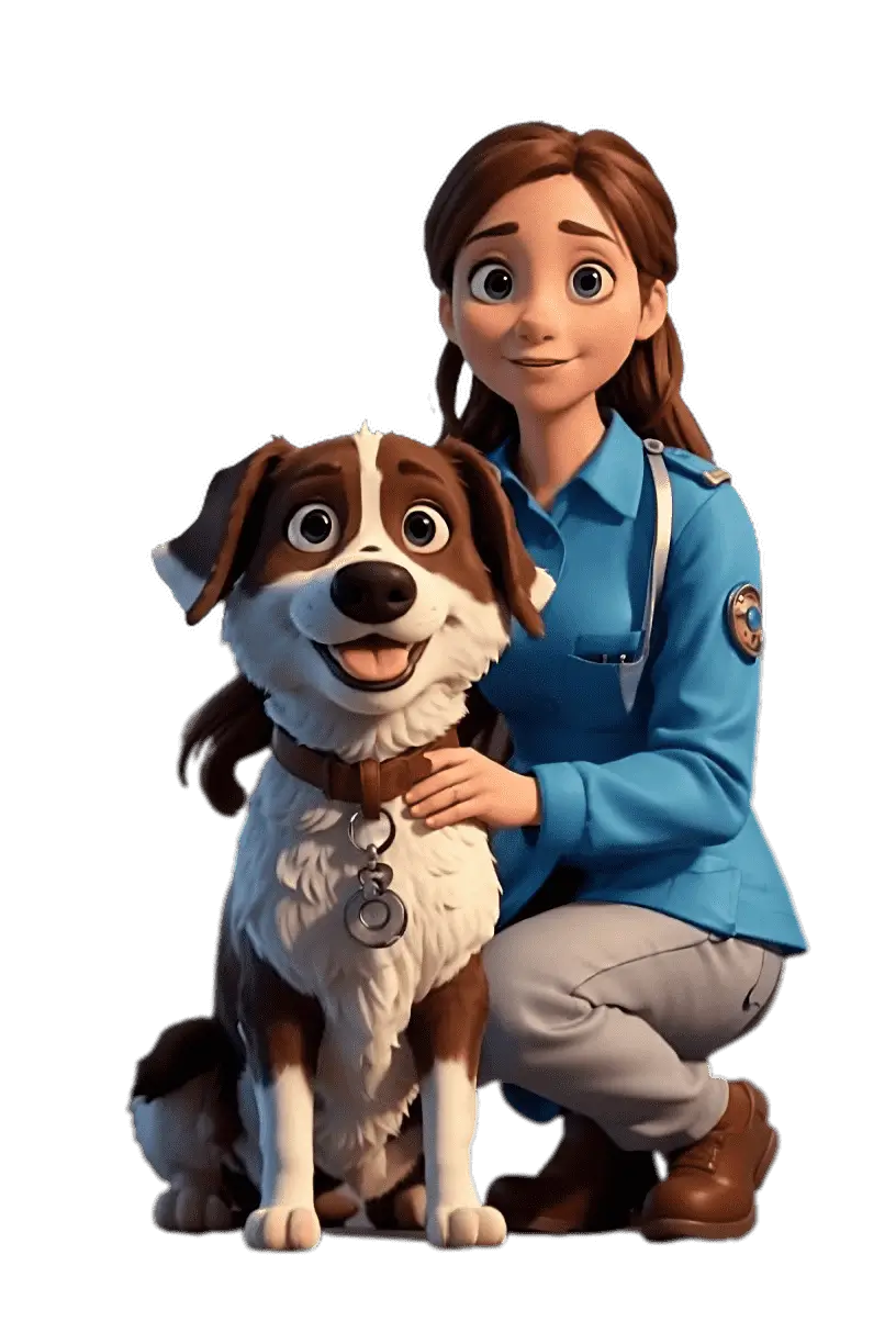Uma veterinária com um cachorro.