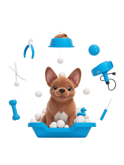 Cachorro ao redor de itens de banho e tosa