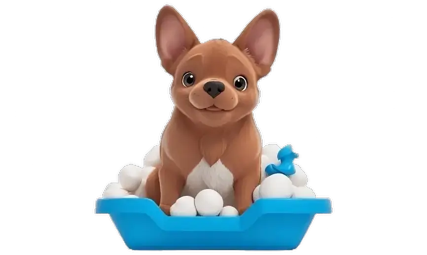Cachorro ao redor de itens de banho e tosa