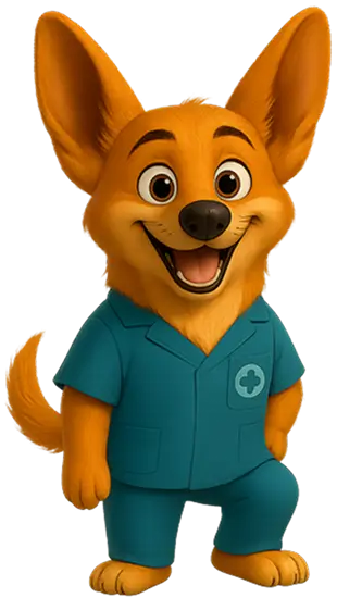 O mascote do sistema Loopvet vestido de enfermeiro.