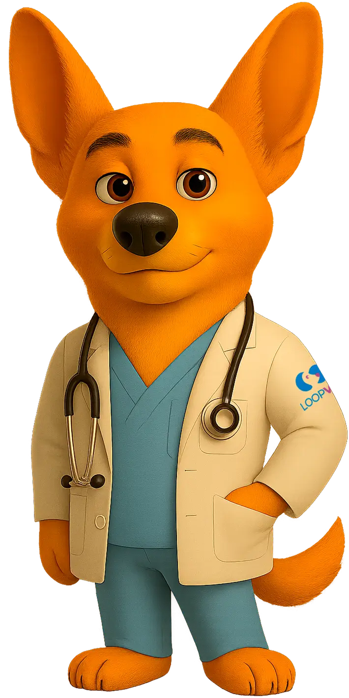 O mascote do sistema Loopvet vestido de veterinário.