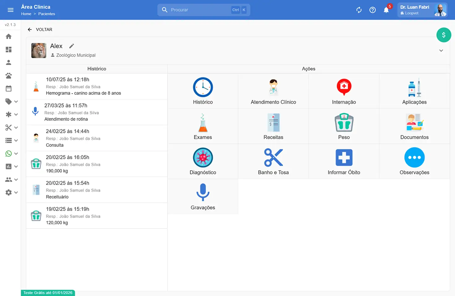 Captura de tela da área clínica